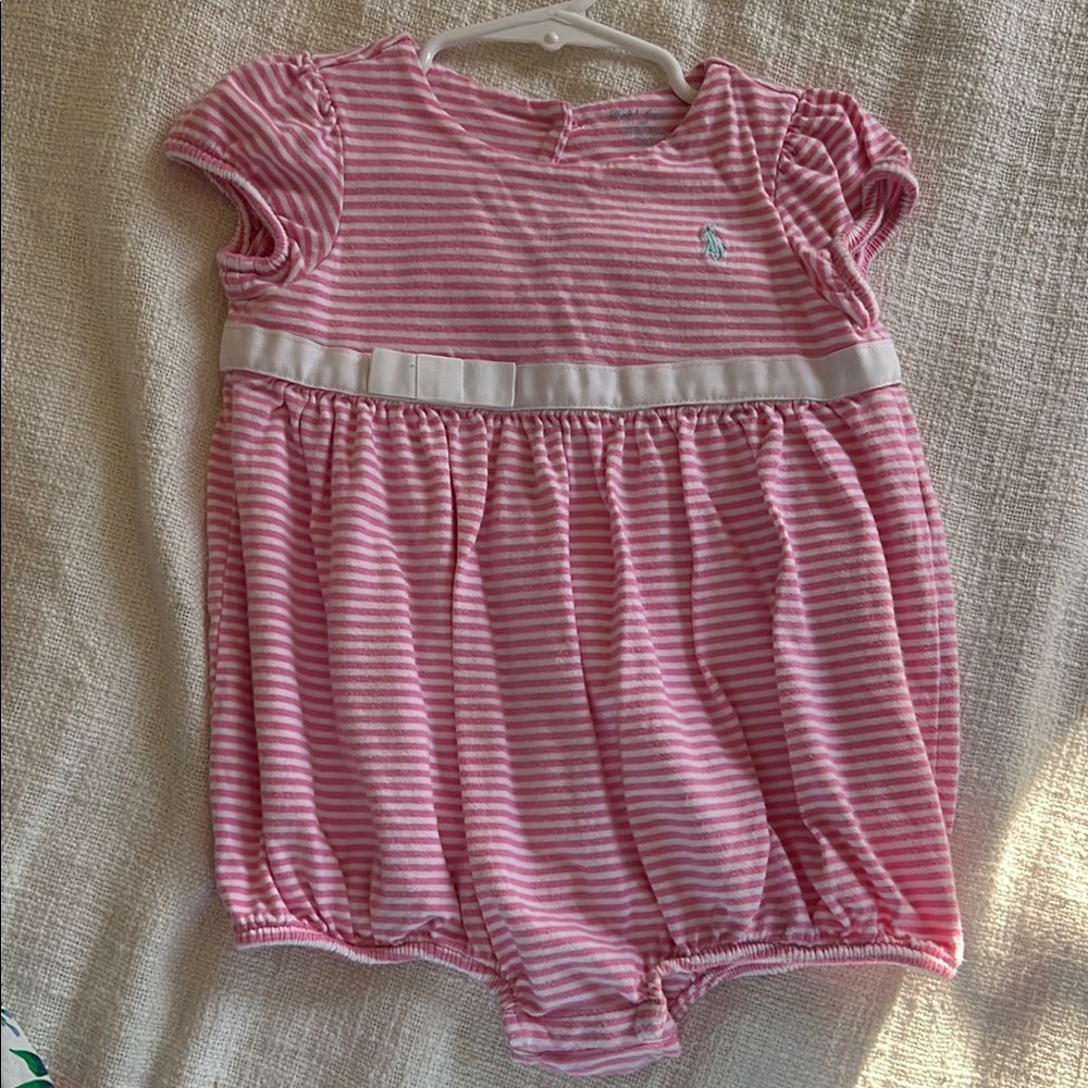 Pink Striped Ralph Lauren Baby Romper with Bow